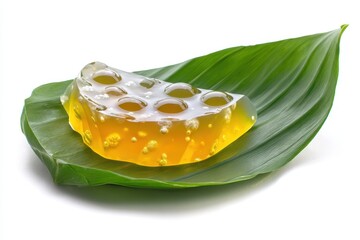 Wall Mural - Thai sweets gray dog shaped jelly on banana leaf white backdrop