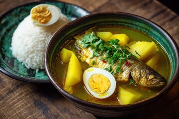 Wall Mural - Spicy sour soup with mango fish bamboo shoots boiled brown egg and rice