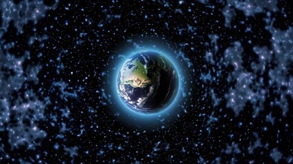 Wall Mural - a cosmic video scene with earth centered in a wide-angle view, surrounded by a starry galaxy, creati