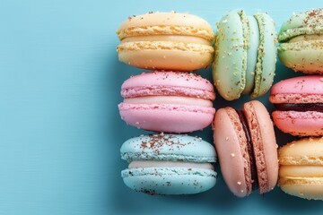 Wall Mural - Delicious pastel macaroons on a blue backdrop