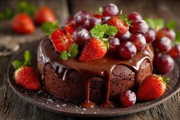 Wall Mural - Delicious chocolate dessert topped with fresh strawberries and grapes