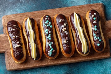 Wall Mural - Delicious and appealing chocolate éclairs arranged on a wooden board Tempting dessert for gatherings Overhead view