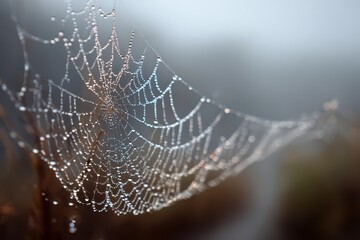 Closeup of a spider s web with dew in the morning mist