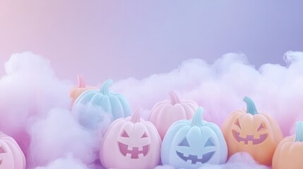 Wall Mural - pastel pumpkins and clouds create a dreamy halloween fantasy scene for a delightful holiday celebrat
