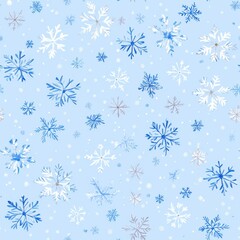 Wall Mural - A beautiful watercolor pattern of snowflakes falling over a light blue background.