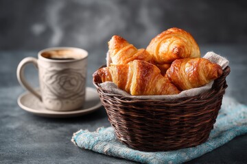 Wall Mural - Basket of mini croissants and a hot beverage for breakfast