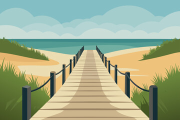  Wooden boardwalk leading to the ocean on a sunny day