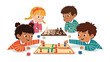 © azizunnahar - Kids Gaming Together: A lively scene of four children playing various board games, including chess and ludo, fostering camaraderie and strategic thinking in this vibrant illustration.