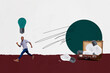 © deagreez - Zine banner full photo collage of happy businesswoman businessman stand light bulb development idea valise plan contemplation