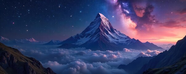 Wall Mural - a colossal, majestic mountain piercing the cosmos, stars swirling around its peak, representing the 