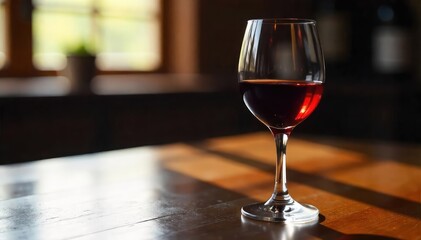 Wall Mural - Sunlit Merlot A Half-Full Glass of Red Wine on Dark Wood, Perfect for Wine Tasting, Sommelier, or Beverage Concepts.