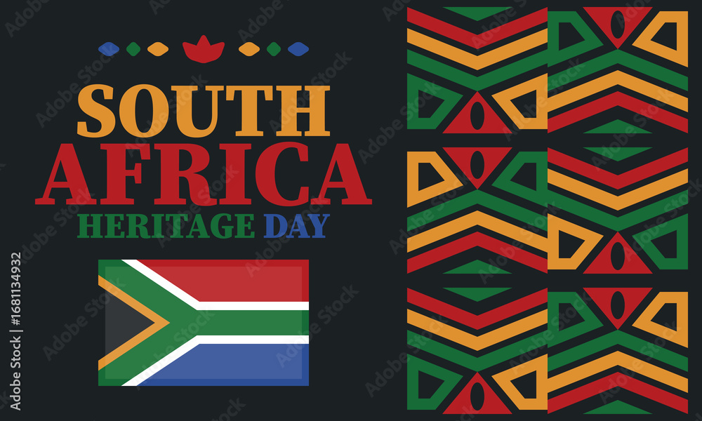 South Africa Heritage Day. Happy holiday. Celebrate culture and traditions of nation. South African flag. Poster with illustration. Pattern design. Vector
