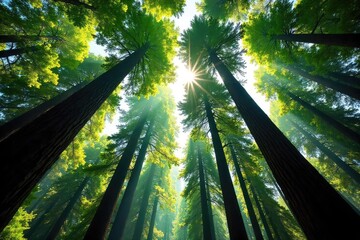 Wall Mural - A majestic redwood forest canopy viewed from below, sunlight dappling through the leaves, evoking a sense of soaring and freedom, like a flight through a verdant wonderland , light, natural, aerial