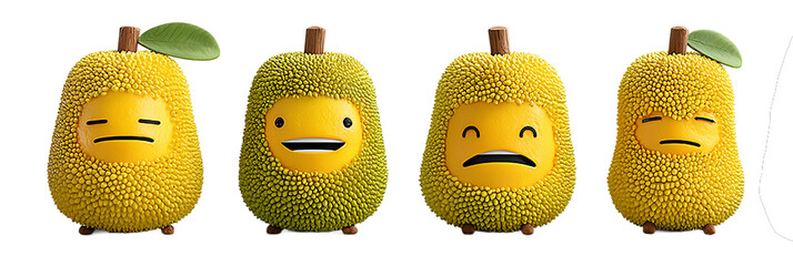 Four durian shaped figurines with different facial expressions shown isolated on transparent background