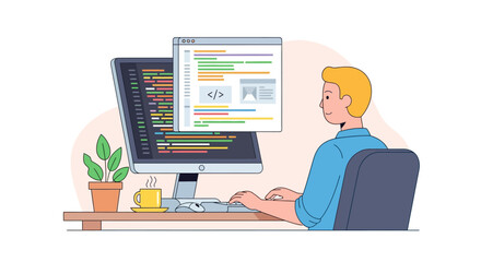 Young male programmer focused on coding a new website, illustrating the concept of modern software development and digital innovation