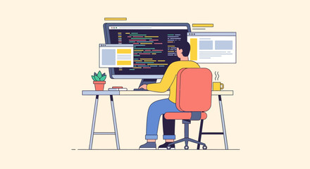 Vector illustration of a focused programmer working on computer code at a modern office desk. Software developer coding on a multi-screen setup