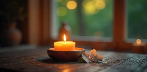 Wall Mural - A flickering candle casts a warm, inviting glow on a wooden surface indoors, creating a cozy and serene atmosphere Perfect for home decor, relaxation, and spa themes , warm, lifestyle, candlelight