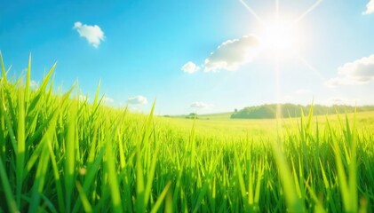 Wall Mural - A gentle summer breeze ruffles tall grass in a sun-drenched field, creating waves of green and gold under a bright blue sky Perfect for summer, nature, and relaxation themes , heat, peaceful