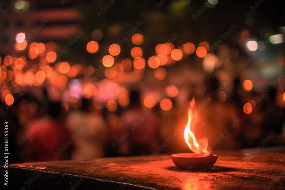 Flame flickers in diya lamp, illuminating vibrant festival atmos Stock ...