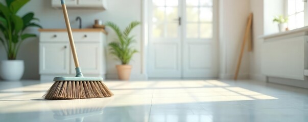 Wall Mural - A lone broom meticulously sweeps a pristine, empty floor, leaving behind a trail of spotless cleanliness , floor, thorough, tidy