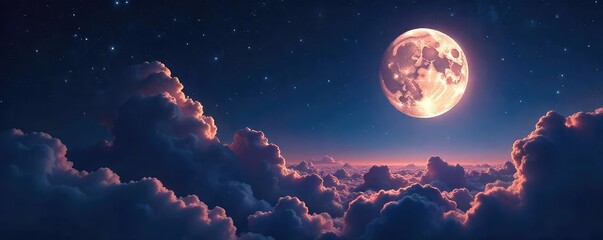 Wall Mural - a majestic full moon dominates a vast, star-studded night sky, casting an ethereal glow on a distant