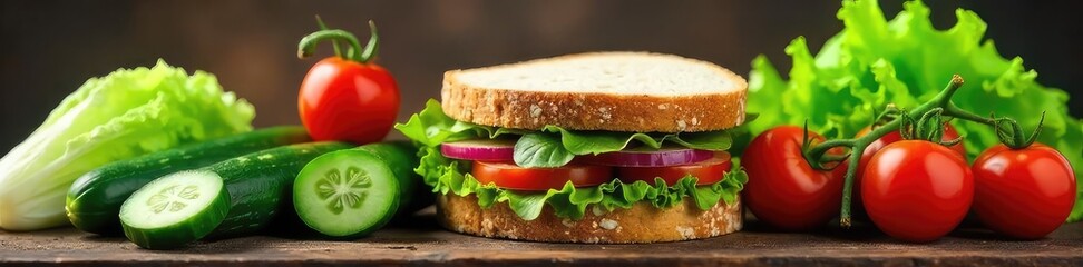 Wall Mural - A bountiful harvest of fresh bread, crisp lettuce, juicy tomatoes, and ripe cucumbers, ready to be assembled into delicious sandwiches , colorful, red, wholesome