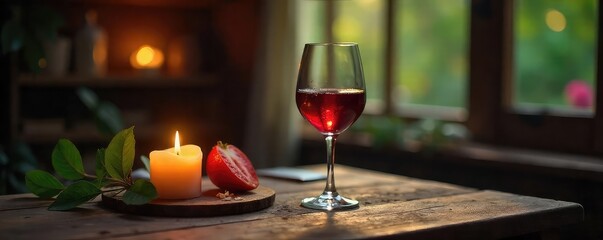 Wall Mural - A glass of wine sits on a rustic wooden table next to a lit candle, soft lighting creating a calm and peaceful atmosphere perfect for unwinding , peaceful, escape