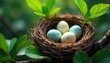 © suchetpong - A meticulously woven bird's nest cradles several speckled eggs, nestled amongst vibrant green leaves and delicate twigs , avian, reproduction, camouflage