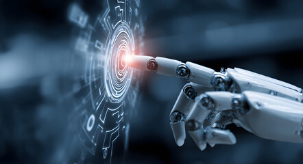 Robotic Process Automation RPA theme with hand pressng a button on a technolog screen