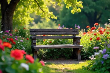 Wall Mural - A rustic wooden bench sits invitingly in a sun-drenched garden, surrounded by vibrant blooming flowers and lush greenery, perfect for relaxation and quiet contemplation , rural, wildlife, natural