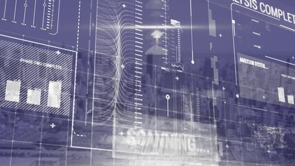 Wall Mural - animation of infographic data scanning process on digital interface against cityscape