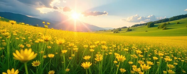 Wall Mural - A breathtaking landscape of a field shimmering with golden wildflowers under a bright sun, a magical scene of nature's abundance , botanical, golden