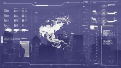 Wall Mural - animation of globe rotating with infographic data processing on digital interface against cityscape