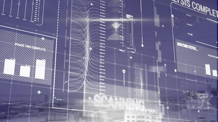 Wall Mural - animation of graphs with infographic data scanning process on digital interface against city
