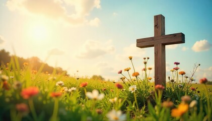 Wall Mural - A serene image depicting a simple wooden cross, nestled amongst wildflowers in a sun-drenched field, evokes peace and remembrance on a Christian holy day , hope, green, wood