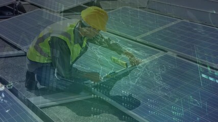 Wall Mural - animation of data processing with world map over caucasian engineer working at solar power station