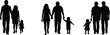 © Miraj World - Silhouettes of modern families walking with children, diverse parenting, bonding moments, lifestyle, love, care, outdoor activity, unity