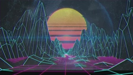 Animation of 3d wireframe landscape with orange sun on digital interface