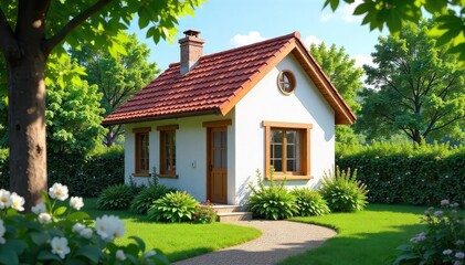 Wall Mural - A charming small cottage with a simple, gabled roof, nestled amongst lush greenery The exterior showcases a minimalist design and a peaceful atmosphere , sunlight, simple house
