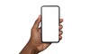 © RUMA - Dark skinned hand holding a modern smartphone with a blank white screen mobile phone device