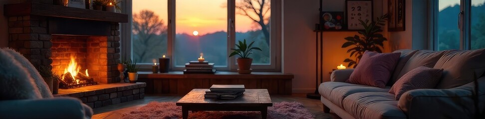 Wall Mural - a cozy living room scene at twilight, featuring a fireplace, books, and a calendar subtly displayed,