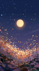Wall Mural - dreamy night scene of flowers and moon digital art illustration with starry sky and glowing particle