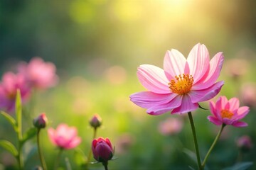 Wall Mural - A gentle breeze stirs delicate petals, sunlight illuminating a scene of peaceful softness and whimsical beauty, evoking feelings of tender imagination , purity, aesthetic, light