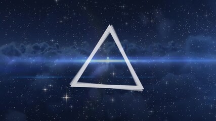 Wall Mural - Animation of triangular shapes rotating against stars and flared light over cloudscape