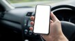 © Djemari - Hand holding smartphone with blank screen inside a car.