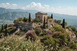 Ancient stone ruins nestled among trees and grass on a hillside with flowers and natural scenery