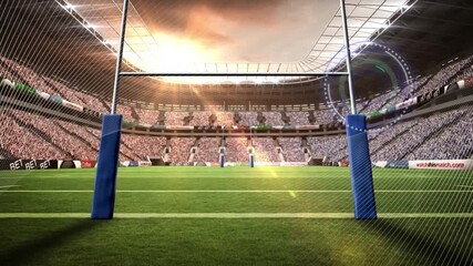 Wall Mural - animation of circular scanner and communication network over rugby stadium pitch