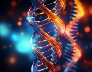 Wall Mural - glowing dna helix gene splice surface texture overlaid dna bands blue and orange light biotechnology