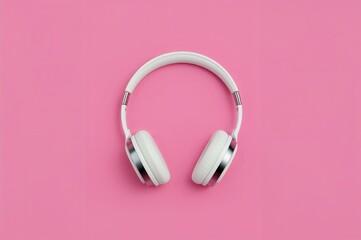 Wall Mural - pink background with stereo headphones and globe symbolizing global music celebration. overhead pers