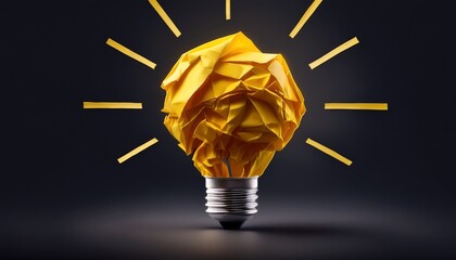 Wall Mural - great idea concept with crumpled yellow paper light bulb isolated on dark background